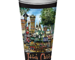 A colorful tumbler featuring a whimsical, detailed illustration of pubsOf Downtown Chicago labeled "town chic.