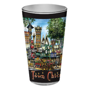 A colorful tumbler featuring a whimsical, detailed illustration of pubsOf Downtown Chicago labeled "town chic.