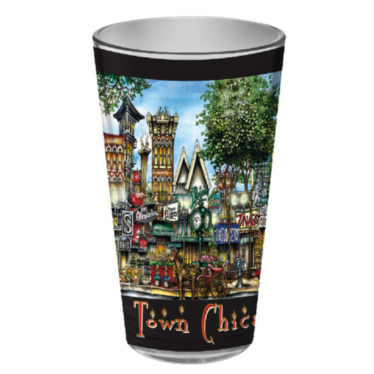 A colorful tumbler featuring a whimsical, detailed illustration of pubsOf Downtown Chicago labeled "town chic.