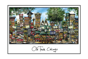 Colorful illustration of pubsOf Downtown Chicago featuring a vibrant street scene with detailed, whimsical depictions of historic buildings and signs.