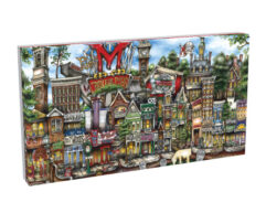Illustration of a whimsical street with various styled buildings, featuring signs, an elephant, and a vibrant "movie park" marquee in bold colors.