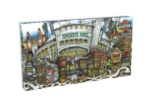 Illustration of a whimsical street featuring eclectic, densely packed buildings such as "pubsOf Downtown Chicago," and various colorful shop signs.