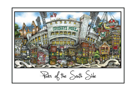 Vibrant illustration of various eclectic and bustling pubs clustered together, titled "pubsOf Downtown Chicago - (Canvas).