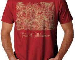 Man wearing a red t-shirt with a detailed white graphic of tallahassee's pubs.