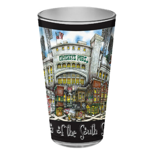 Decorative cup featuring colorful artwork of an animated pub facade with detailed urban scenery and "pubsOf Downtown Chicago" sign.