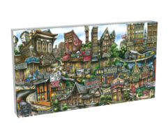 Illustration of a fantastical cityscape on a puzzle box, featuring whimsical buildings, signs, and a monorail.