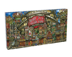 A colorful, detailed illustration of pubsOf Downtown Chicago lined with various whimsical pubs and signs.