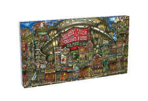 A colorful, detailed illustration of pubsOf Downtown Chicago lined with various whimsical pubs and signs.