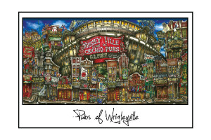 Artistic illustration of various vibrant pubs and bars in wrigleyville, chicago, with wrigley field stadium in the background.