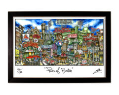 Colorful, framed artwork titled "pubsOf Boston, MA print," depicting a vibrant and detailed street scene with various iconic pub signs.