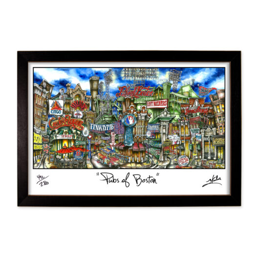 Colorful, framed artwork titled "pubsOf Boston, MA print," depicting a vibrant and detailed street scene with various iconic pub signs.