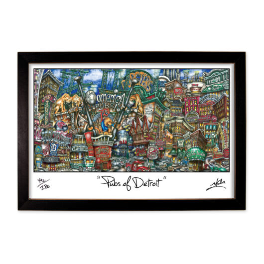 Framed artwork titled "pubsOf Detroit, MI print," portraying a vibrant, colorful street scene with details of various pubs and iconic elements, signed by the artist.