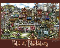 Illustration of various pubs in blacksburg, depicted in a colorful, detailed style with a mix of architectural designs and autumn trees.