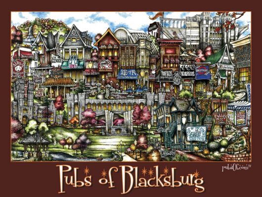 Illustration of various pubs in blacksburg, depicted in a colorful, detailed style with a mix of architectural designs and autumn trees.