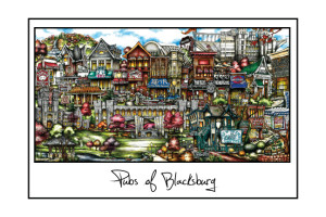 Illustration of a colorful and bustling street scene titled "pubsOf Blacksburg, VA," featuring detailed, eclectic architecture and vibrant foliage.