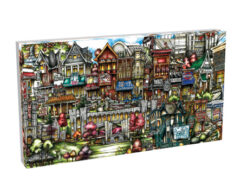 Colorful illustration of pubsOf Blacksburg, VA, a whimsical, dense urban landscape with various styles of detailed, fantastical buildings densely packed together.