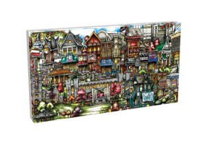 Colorful illustration of pubsOf Blacksburg, VA, a whimsical, dense urban landscape with various styles of detailed, fantastical buildings densely packed together.