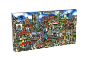 Colorful illustration of fenway park's façade featuring various iconic signs and architectural details, presented in a vibrant, exaggerated artistic style on the pubsOf Boston, MA canvas.