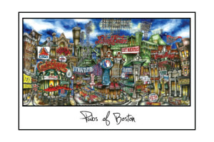 Colorful illustration titled "pubsOf Boston, MA print," depicting various iconic pub signs and architectural details in a vibrant, detailed style.