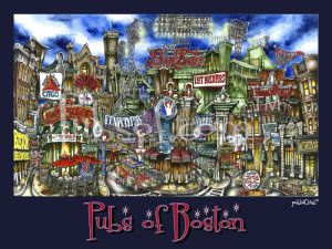 Illustration of various colorful, iconic pub signs from boston, including the Boston Red Sox themed bar, vividly depicted in a bustling urban setting with a "pubsOf Boston, MA poster" title at