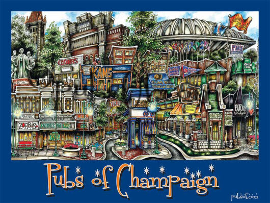 Colorful illustration of a lively street scene depicting various eclectic and whimsical pubs and shops, titled "pubs of champaign.