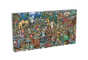Colorful and detailed illustration of a bustling city street scene featuring various shops, pubsOf Detroit, MI, signs, and vintage cars.