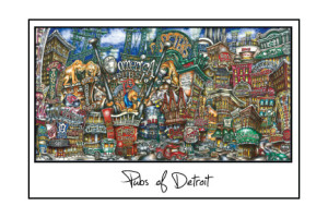 Colorful illustration depicting various iconic pubs in Detroit, intricately detailed and lively, titled "pubsOf Detroit, MI print.