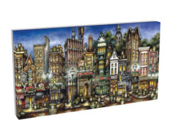 Canvas print of a pubsOf Dublin, Ireland - (Canvas) depicting a bustling, stylized street with various shops and ornate buildings.