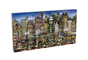 Canvas print of a pubsOf Dublin, Ireland - (Canvas) depicting a bustling, stylized street with various shops and ornate buildings.