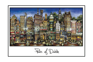 Colorful artistic depiction of the pubsOf Dublin, Ireland print, featuring detailed facades and vibrant signage under a night sky.