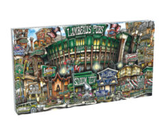 Illustration of a vibrant and cluttered street scene with various shops and signs, including a stadium entrance. pubsOf Green Bay, WI - (Canvas)