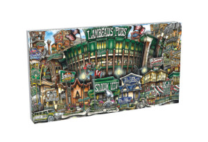 Illustration of a vibrant and cluttered street scene with various shops and signs, including a stadium entrance. pubsOf Green Bay, WI - (Canvas)