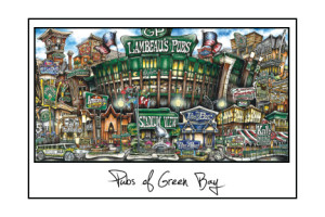 Illustration of various pubsOf Green Bay, WI, depicted in a whimsical, detailed style, featuring colorful, exaggerated architectural designs. Title reads "pubs of green bay.