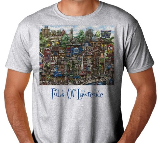 A gray t-shirt featuring a colorful, detailed illustration of various whimsical buildings titled "pubs of lawrence.
