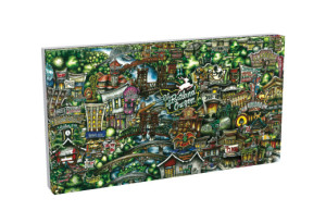 Colorful, intricate pubsOf Portland, OR - (Canvas) of a bustling cityscape at night, featuring vibrant, detailed buildings and streets.