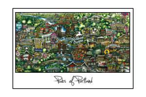 Colorful illustrated map titled "pubsOf Portland, OR print" featuring detailed drawings of various pubs and landmarks in a whimsical style.