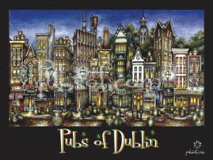 Artistic illustration of various famous pubsOf Dublin, Ireland in vibrant colors, showcasing detailed architectural styles and lively street ambiance.