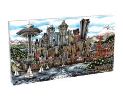 Illustration of a vibrant, detailed cityscape with iconic landmarks including a tall tower and a mountain in the background, featuring diverse buildings and green areas. pubsOf Seattle, WA - (Canvas)