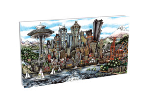 Illustration of a vibrant, detailed cityscape with iconic landmarks including a tall tower and a mountain in the background, featuring diverse buildings and green areas. pubsOf Seattle, WA - (Canvas)