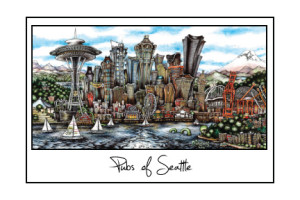 Illustrated poster featuring a whimsical depiction of Seattle's landmarks, including the Space Needle, surrounded by the text "pubsOf Seattle, WA print.