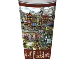A decorative souvenir cup with colorful, detailed illustrations of various buildings and streets, labeled "pintsOf Athens, GA".