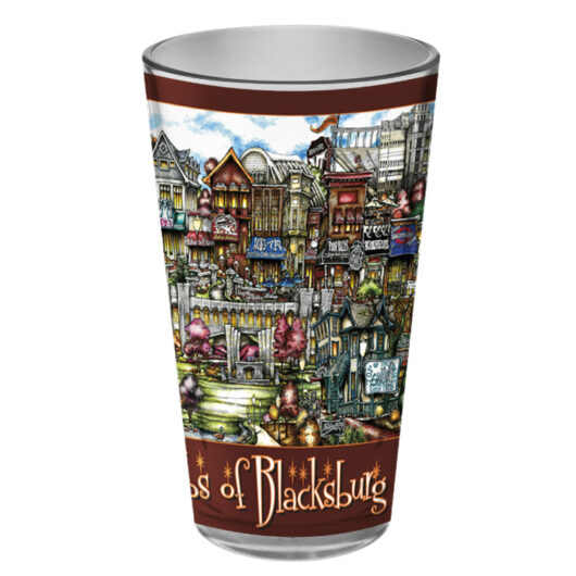 A decorative souvenir cup with colorful, detailed illustrations of various buildings and streets, labeled "pintsOf Athens, GA".