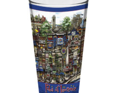 A colorful illustrated pubsOf Lawrence, KS pint glass featuring a detailed design of various historic pubs with the text "pubs of lawrence" around the top edge.