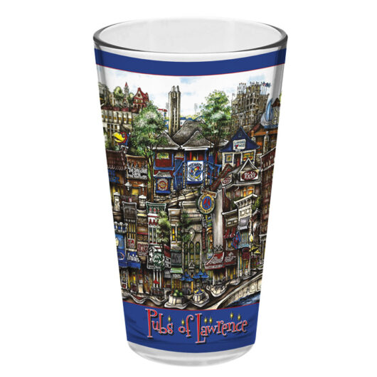 A colorful illustrated pubsOf Lawrence, KS pint glass featuring a detailed design of various historic pubs with the text "pubs of lawrence" around the top edge.