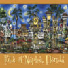 Sentence with product name: Colorful illustration of various pubs and landmarks in Naples, Florida, depicted in a whimsical style with night sky background on the pubsOf Naples, FL poster.