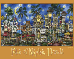 Sentence with product name: Colorful illustration of various pubs and landmarks in Naples, Florida, depicted in a whimsical style with night sky background on the pubsOf Naples, FL poster.