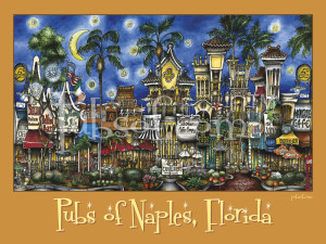 Sentence with product name: Colorful illustration of various pubs and landmarks in Naples, Florida, depicted in a whimsical style with night sky background on the pubsOf Naples, FL poster.