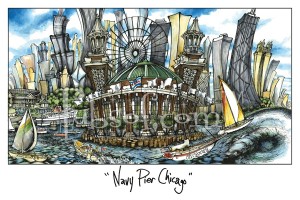Illustration of pubsOf Navy Pier, Chicago featuring a central carousel, boats on the water, and skyline with skyscrapers in the background.