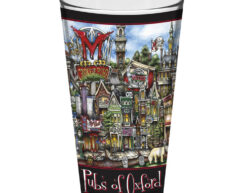 Decorative souvenir glass featuring a colorful illustration of various pubsOf Athens, GA with vibrant architectural details and the text "pubsOf Athens, GA" at the top.