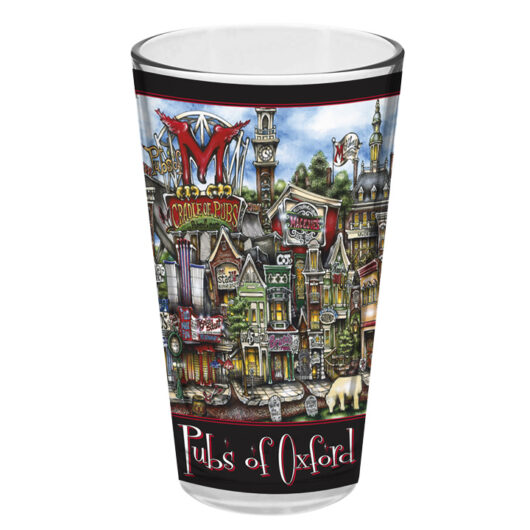 Decorative souvenir glass featuring a colorful illustration of various pubsOf Athens, GA with vibrant architectural details and the text "pubsOf Athens, GA" at the top.